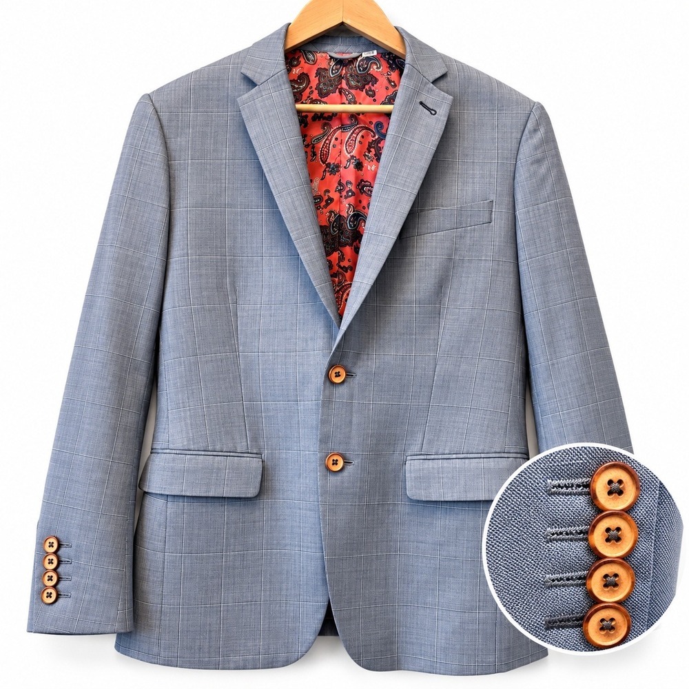 Crown Tailor Custom Plaid Blazer Mens Approx 40R Blue Pink Paisley Sport Coat